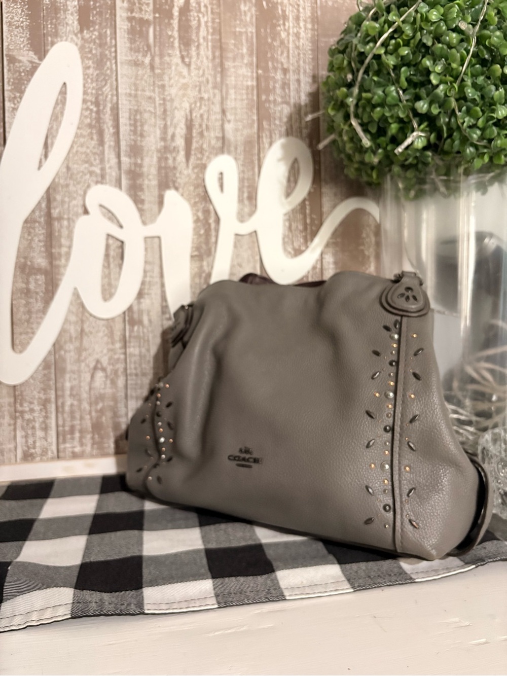 Coach Pebble Leather Studded Shoulder Bag - Gray